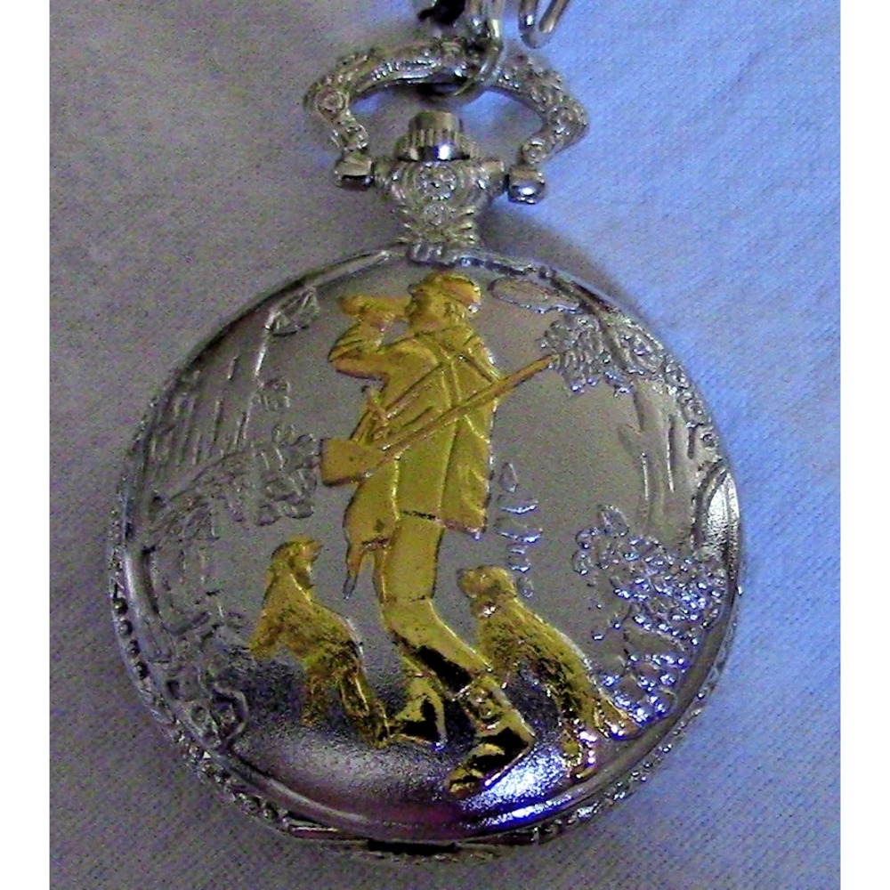 Geneva Pocket Watch Silver w/ Gold Hunter & Dogs Theme Chain Mens